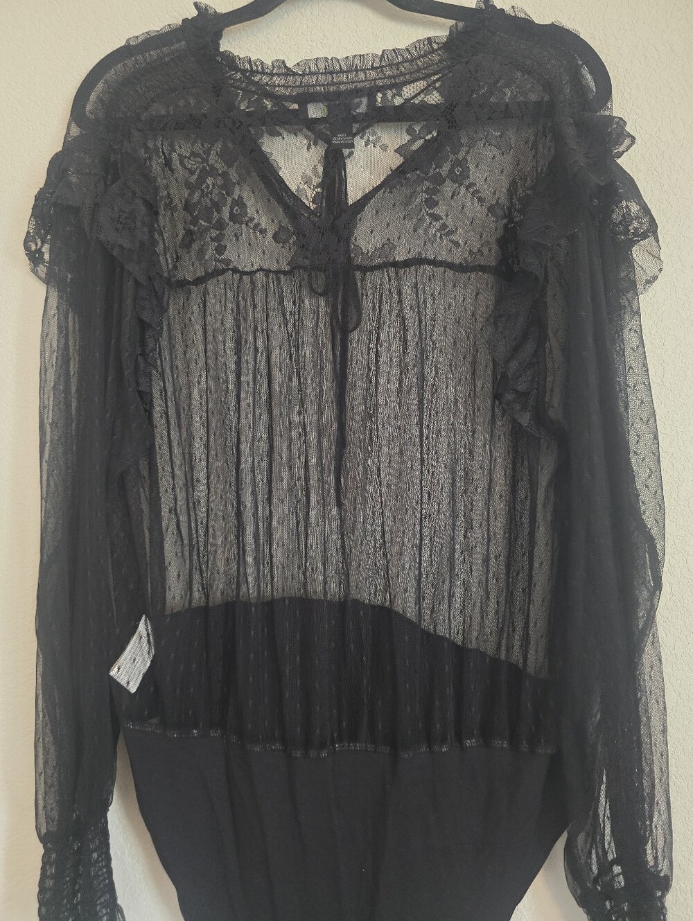 Black Lace Sheer Long-Sleeve Bodysuit 2x